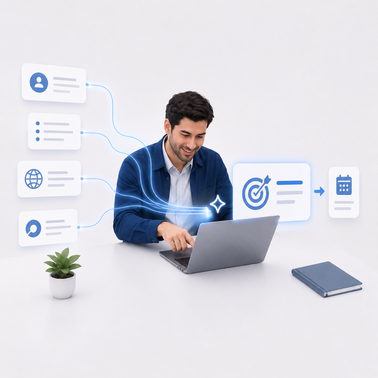 A sales professional connects customer and market signals on a laptop to form a clear priority and next step
