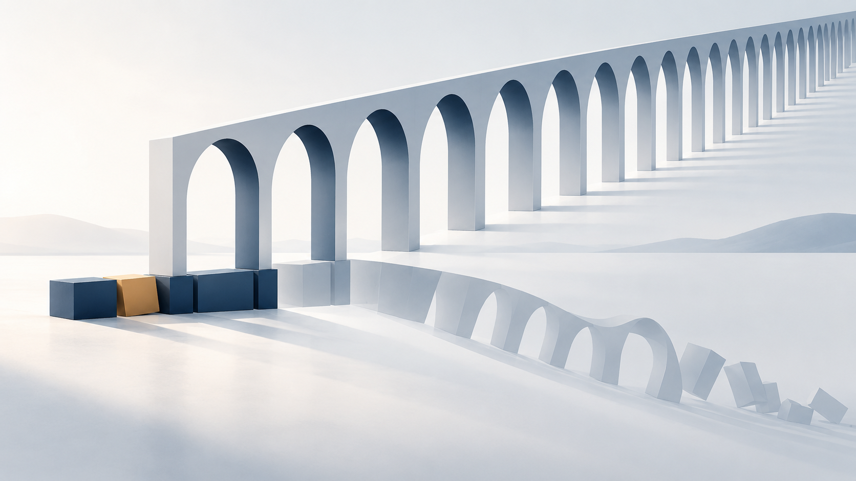 Abstract graphic in which early building blocks form the foundation of a far-reaching structure