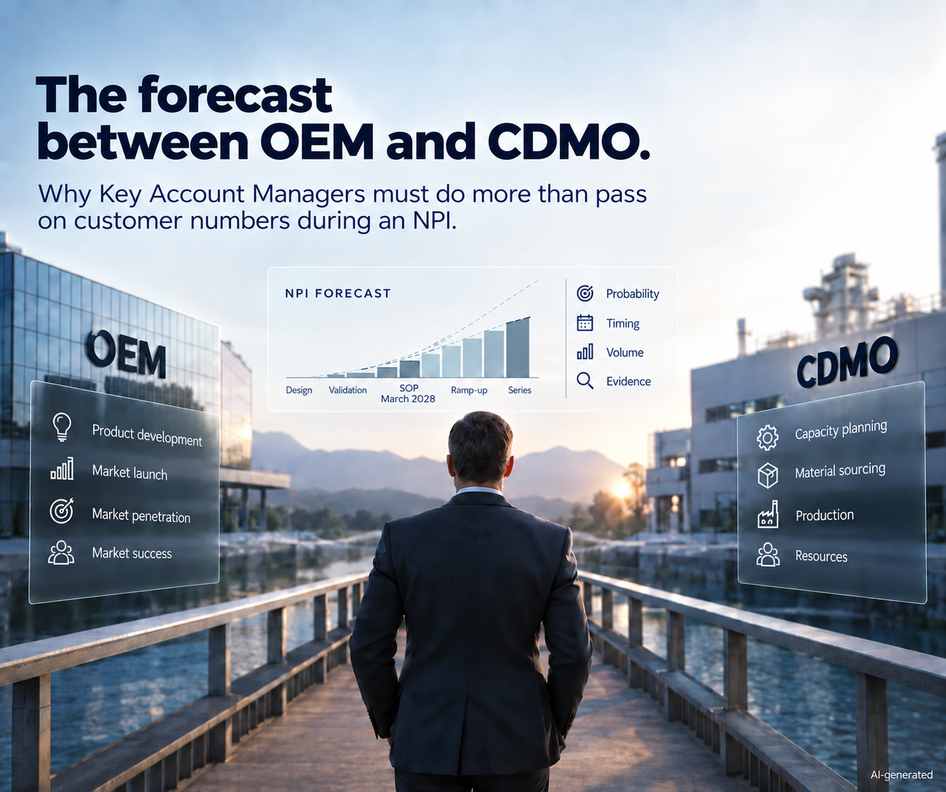 Key Account Manager on a bridge between OEM and CDMO with the NPI forecast dimensions probability, timing, volume and evidence