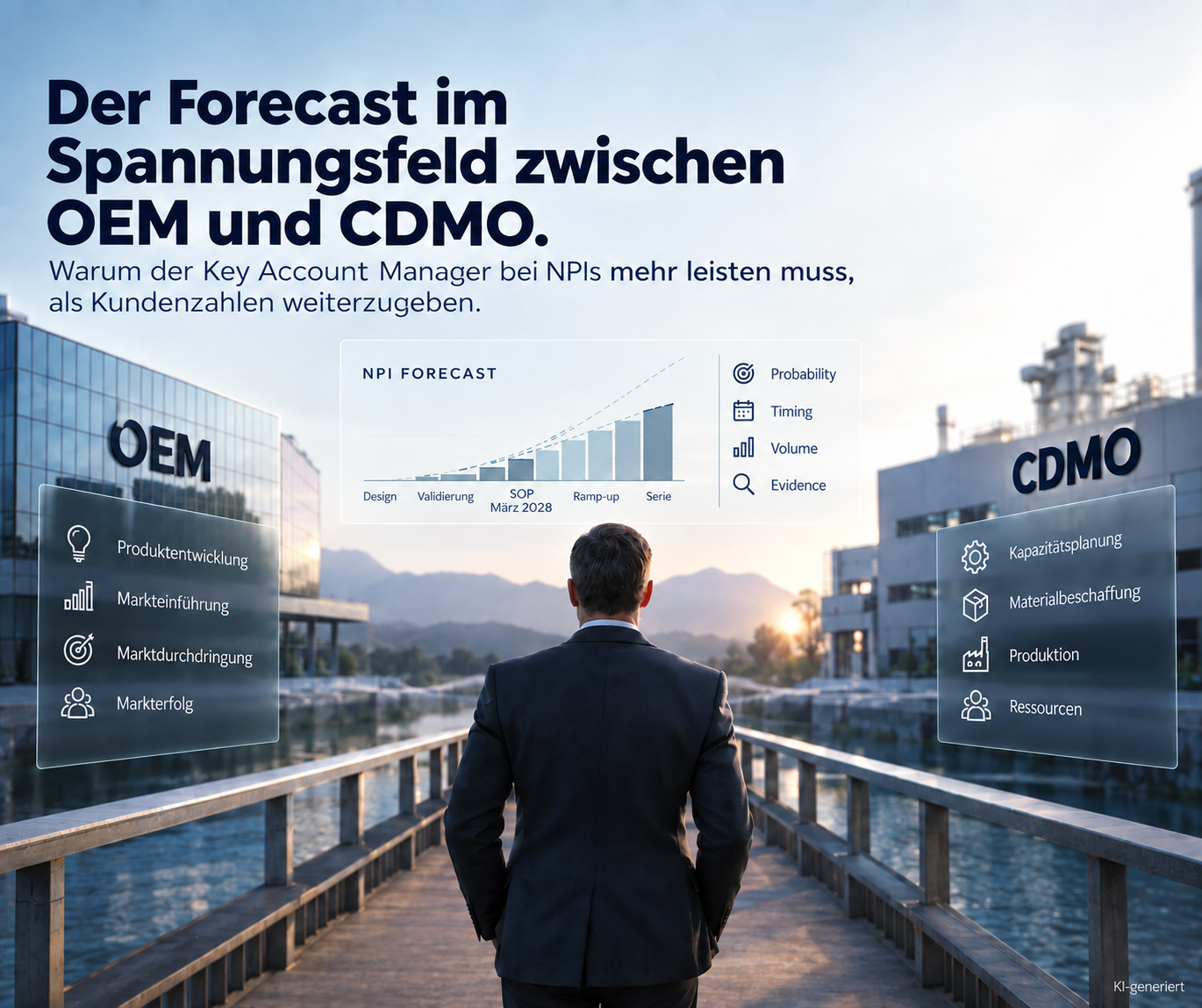 Key Account Manager auf einer Brücke zwischen OEM und CDMO mit den Einflussgrößen Probability, Timing, Volume und Evidence eines NPI-Forecasts