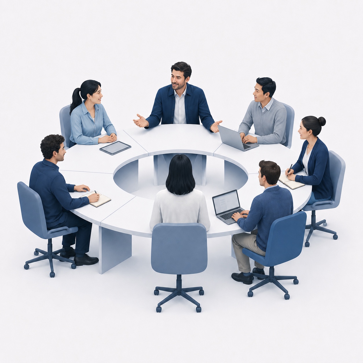 A Key Account Manager in discussion with a cross-functional team around a circular table
